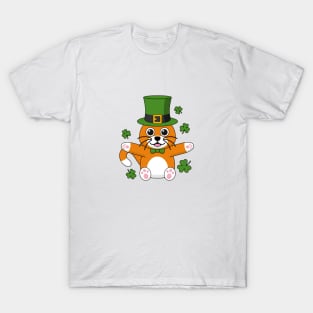 Cute St Patrick's Day Cat with Shamrocks Cartoon T-Shirt